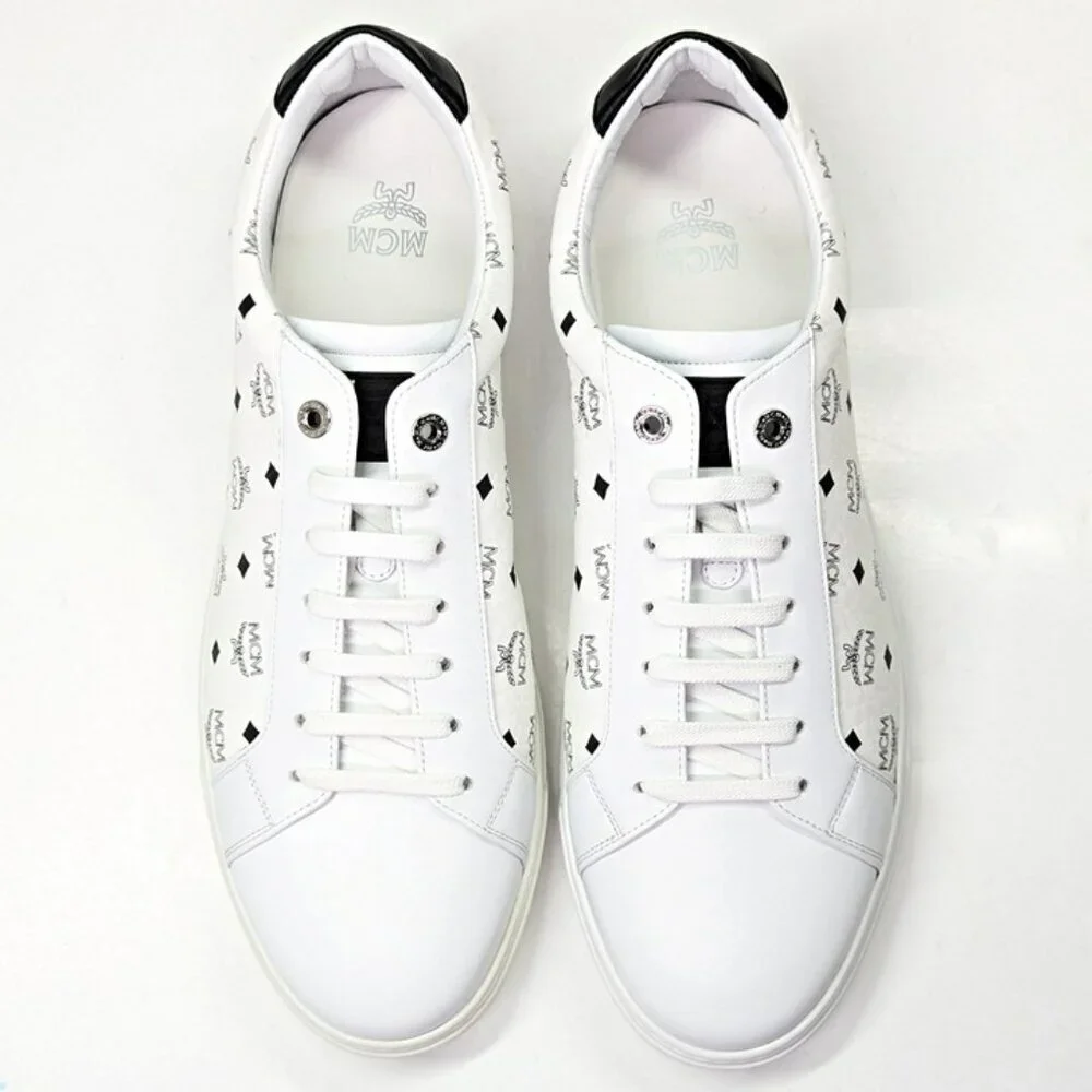MCM Men's Terrain Derby Visetos Logo White Leather Sneakers Size 46 (MSRP $450)